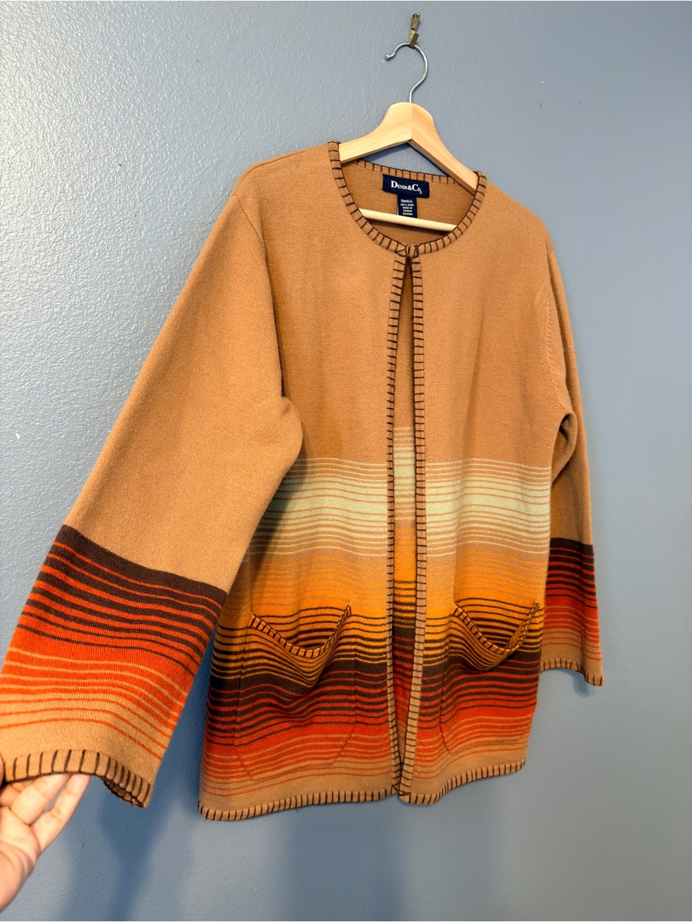 Dana Buchman Wool Camel Ombre Stripe Open Cardigan with Pockets Small